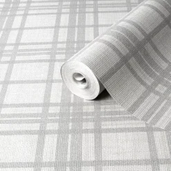GoodHome Atherton Grey Tartan Metallic Effect Textured Wallpaper