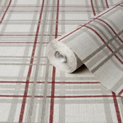 GoodHome Atherton Red Tartan Metallic Effect Textured Wallpaper