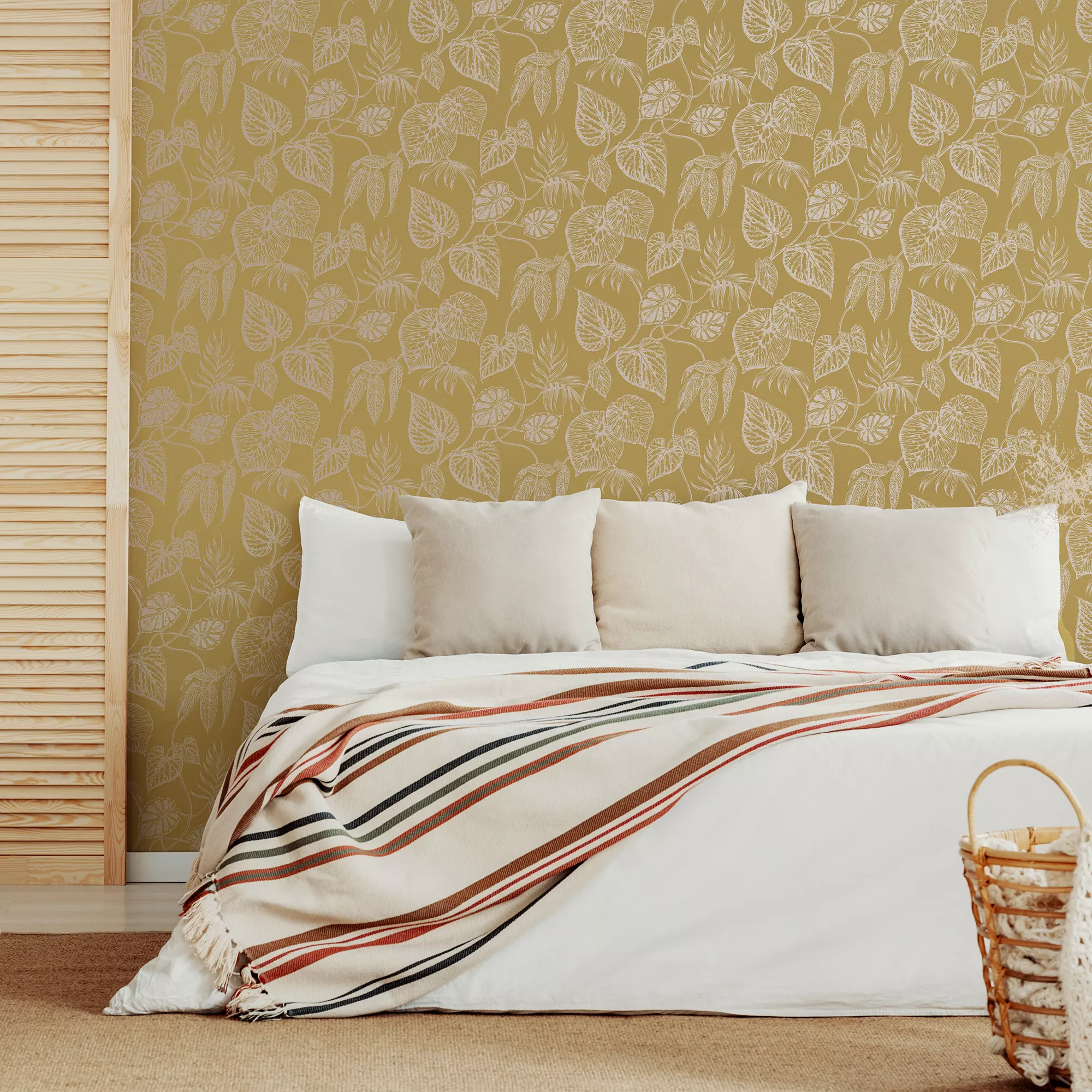 GoodHome Barnsley Ochre Leaves Metallic Effect Textured Wallpaper 5 GoodHome Barnsley Ochre Leaves Metallic Effect Textured Wallpaper - Image 3