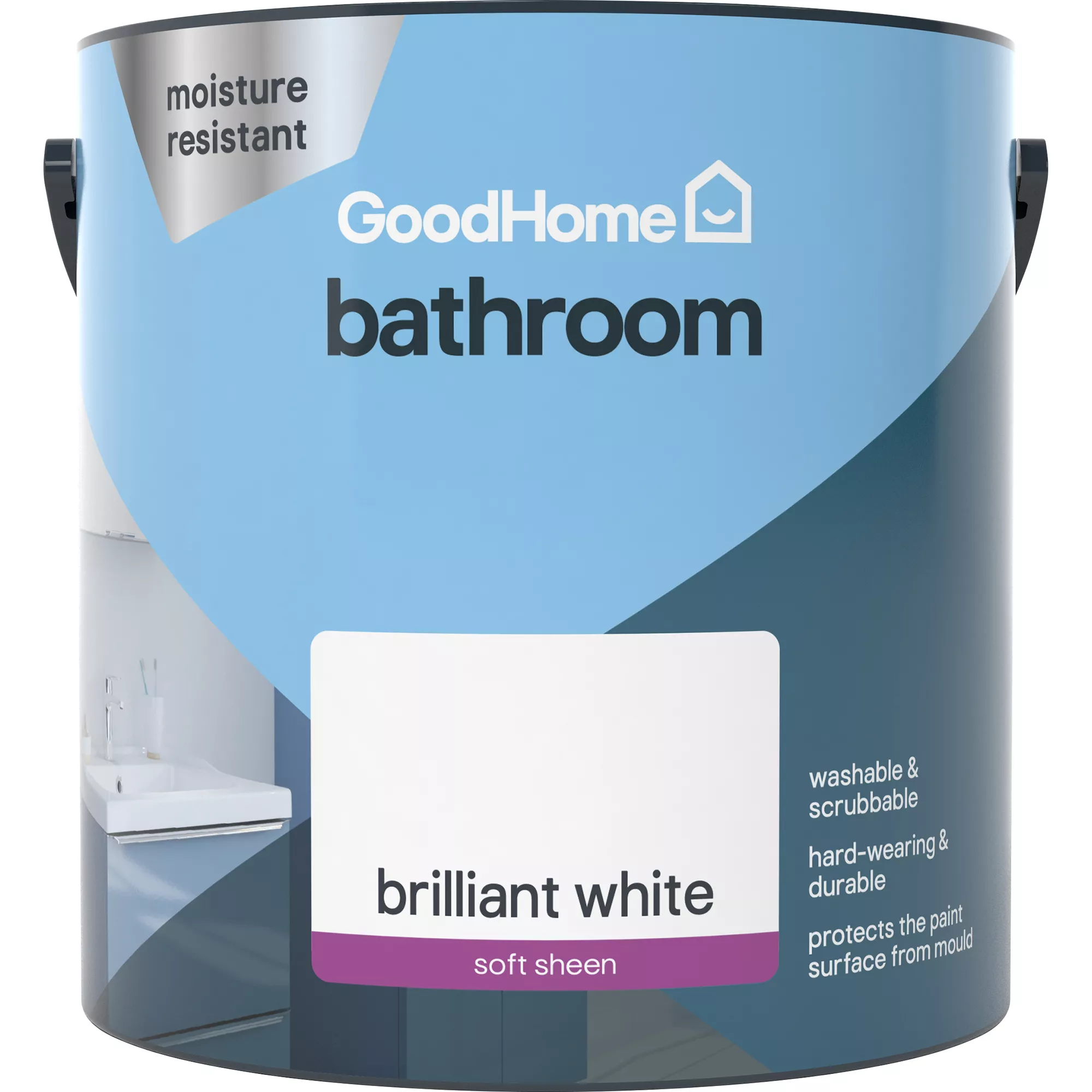 GoodHome Bathroom Brilliant White Soft Sheen Emulsion Paint, 2.5L 4 GoodHome Bathroom Brilliant White Soft Sheen Emulsion Paint, 2.5L - Image 2