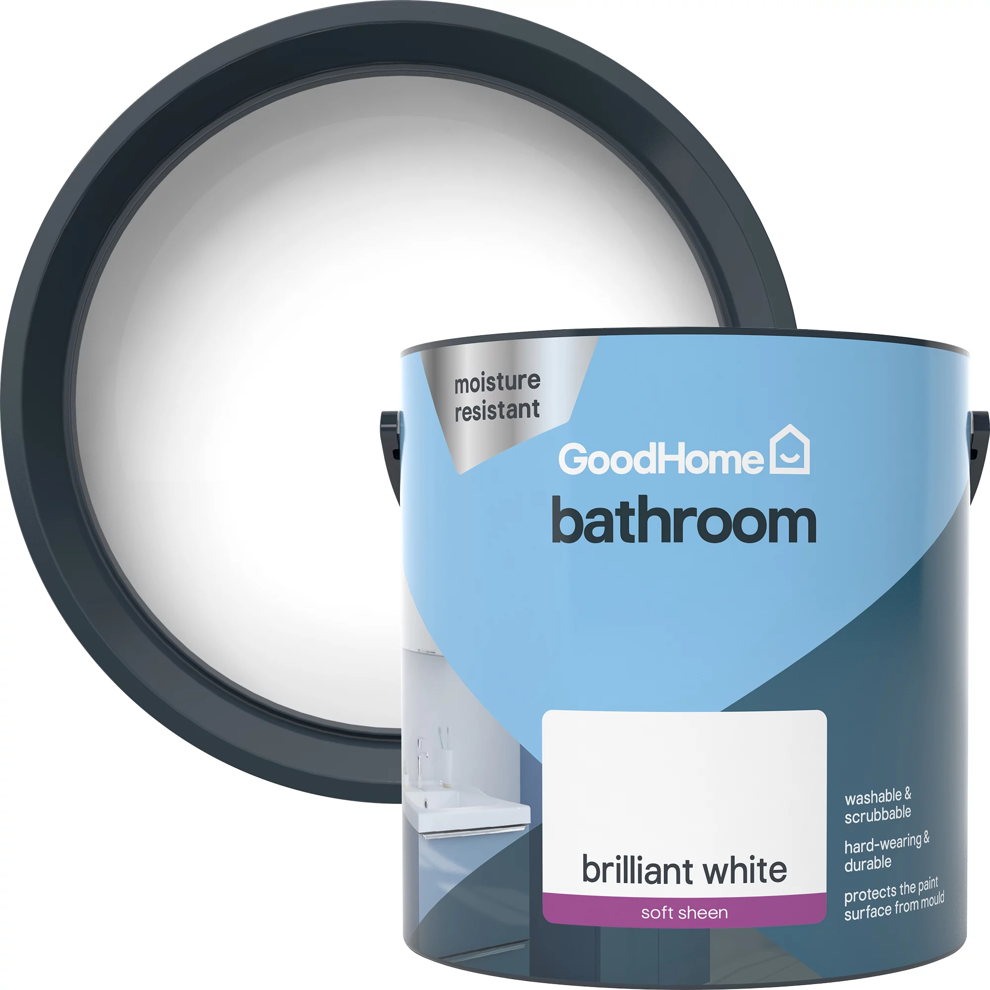 GoodHome Bathroom Brilliant White Soft Sheen Emulsion Paint, 2.5L 3 GoodHome Bathroom Brilliant White Soft Sheen Emulsion Paint, 2.5L