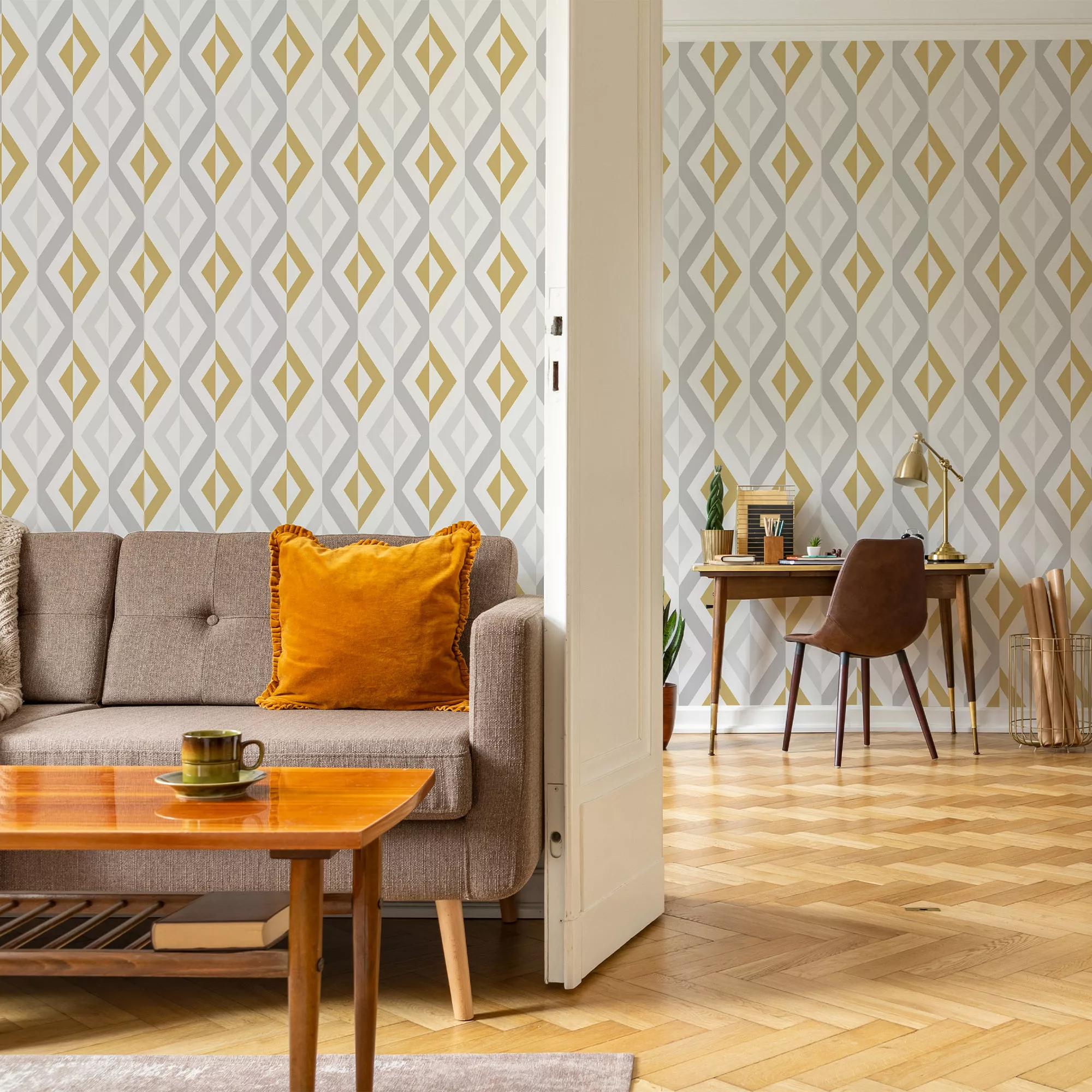 GoodHome Beril Grey & Ochre Geometric Gold Effect Textured Wallpaper 7 GoodHome Beril Grey & Ochre Geometric Gold Effect Textured Wallpaper - Image 5