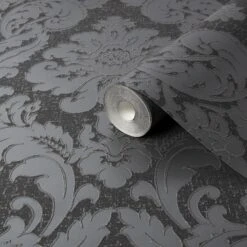 GoodHome Chalfont Charcoal Damask Glitter Effect Textured Wallpaper