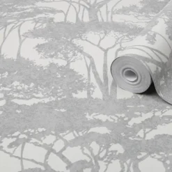 GoodHome Danson Grey Trees Silver Effect Textured Wallpaper