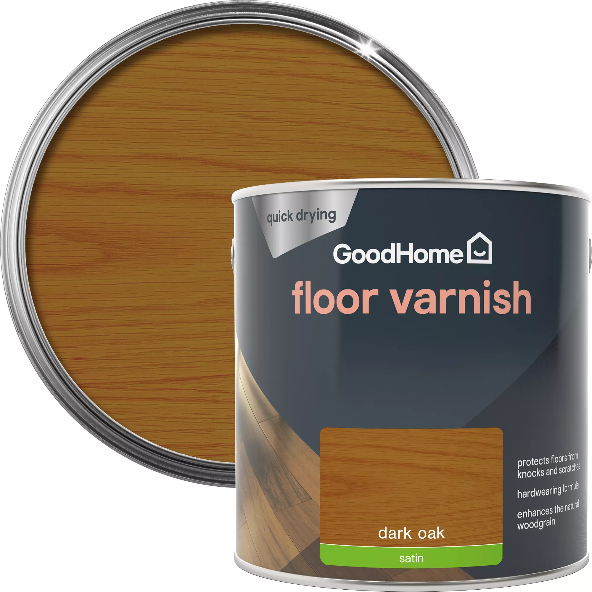 GoodHome Dark Oak Satin Floor Wood Varnish, 2.5L 2 GoodHome Dark Oak Satin Floor Wood Varnish, 2.5L