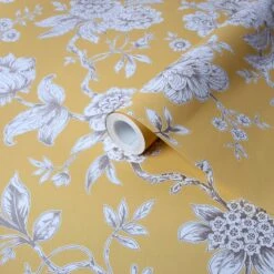 GoodHome Davenham Yellow Floral Metallic Effect Smooth Wallpaper