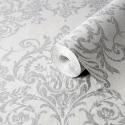 GoodHome Dovenby Grey Damask Silver Effect Textured Wallpaper