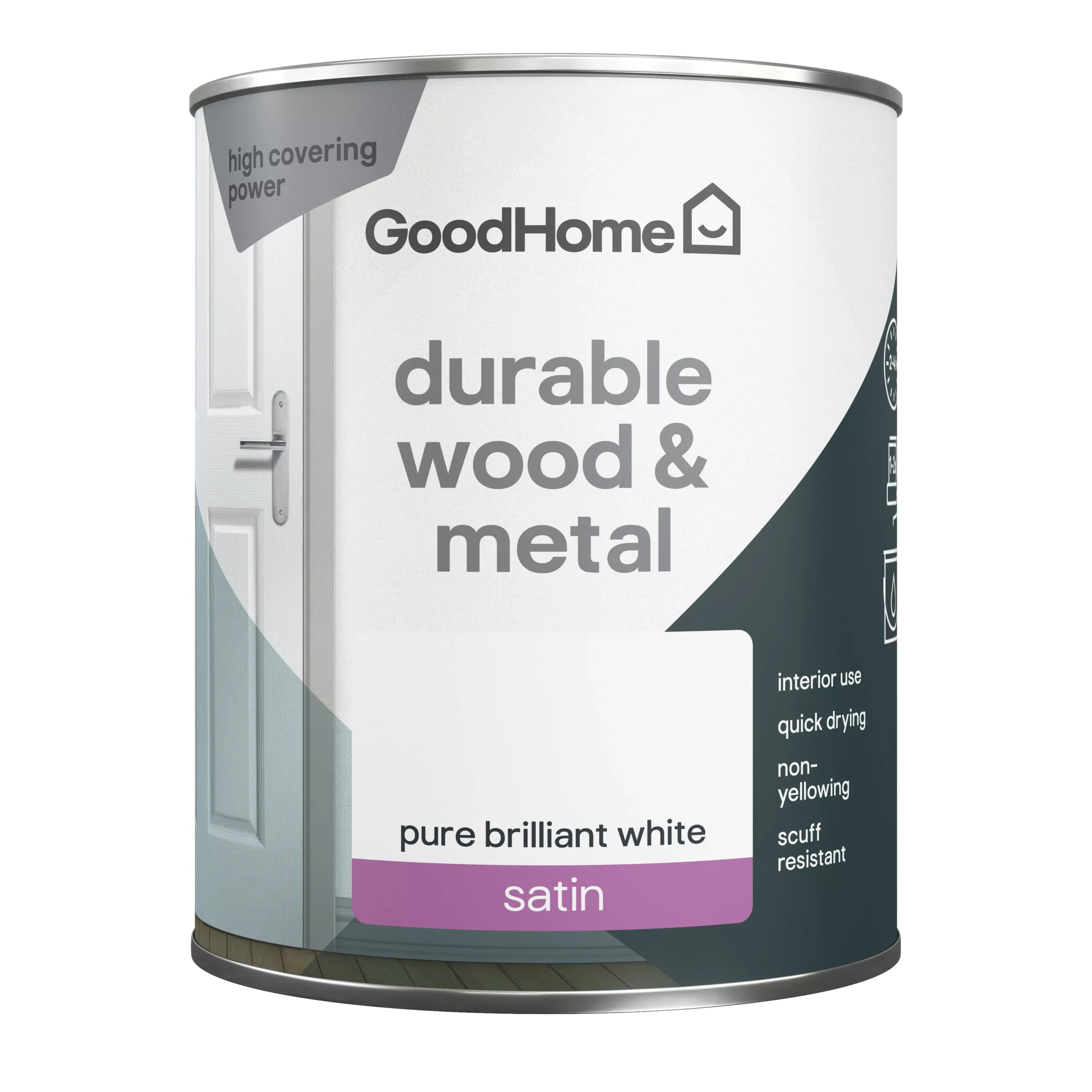 GoodHome Durable Pure Brilliant White Satinwood Metal & Wood Paint, 750ml 4 GoodHome Durable Pure Brilliant White Satinwood Metal & Wood Paint, 750ml - Image 2