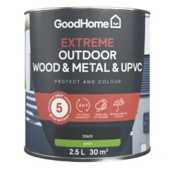 GoodHome Extreme Outdoor Black Satinwood Multi-surface Paint, 2.5L -Trade Points goodhome extreme outdoor black satinwood multi surface paint 2 5l5059340297088 02c