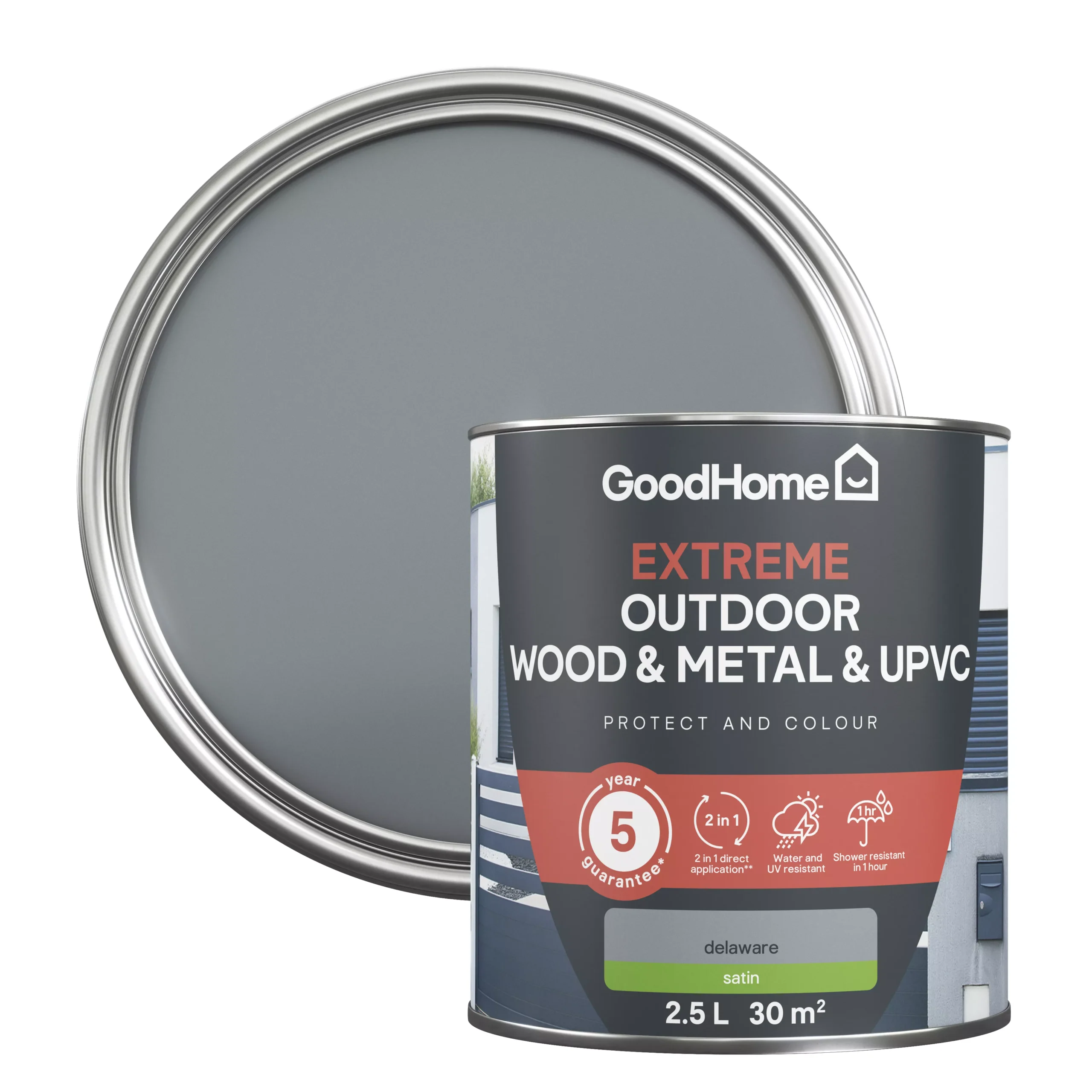 GoodHome Extreme Outdoor Delaware Satinwood Multi-surface Paint, 2.5L 3 GoodHome Extreme Outdoor Delaware Satinwood Multi-surface Paint, 2.5L
