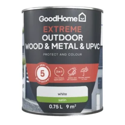 GoodHome Extreme Outdoor White Satinwood Multi-surface Paint, 750ml 10 GoodHome Extreme Outdoor White Satinwood Multi-surface Paint, 750ml -Trade Points goodhome extreme outdoor white satinwood multi surface paint 750ml5059340297019 02c