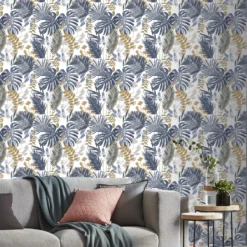 GoodHome Ferula Blue Tropical Leaves Textured Wallpaper 9 GoodHome Ferula Blue Tropical Leaves Textured Wallpaper -Trade Points goodhome ferula blue tropical leaves textured wallpaper3663602561446 02i bq