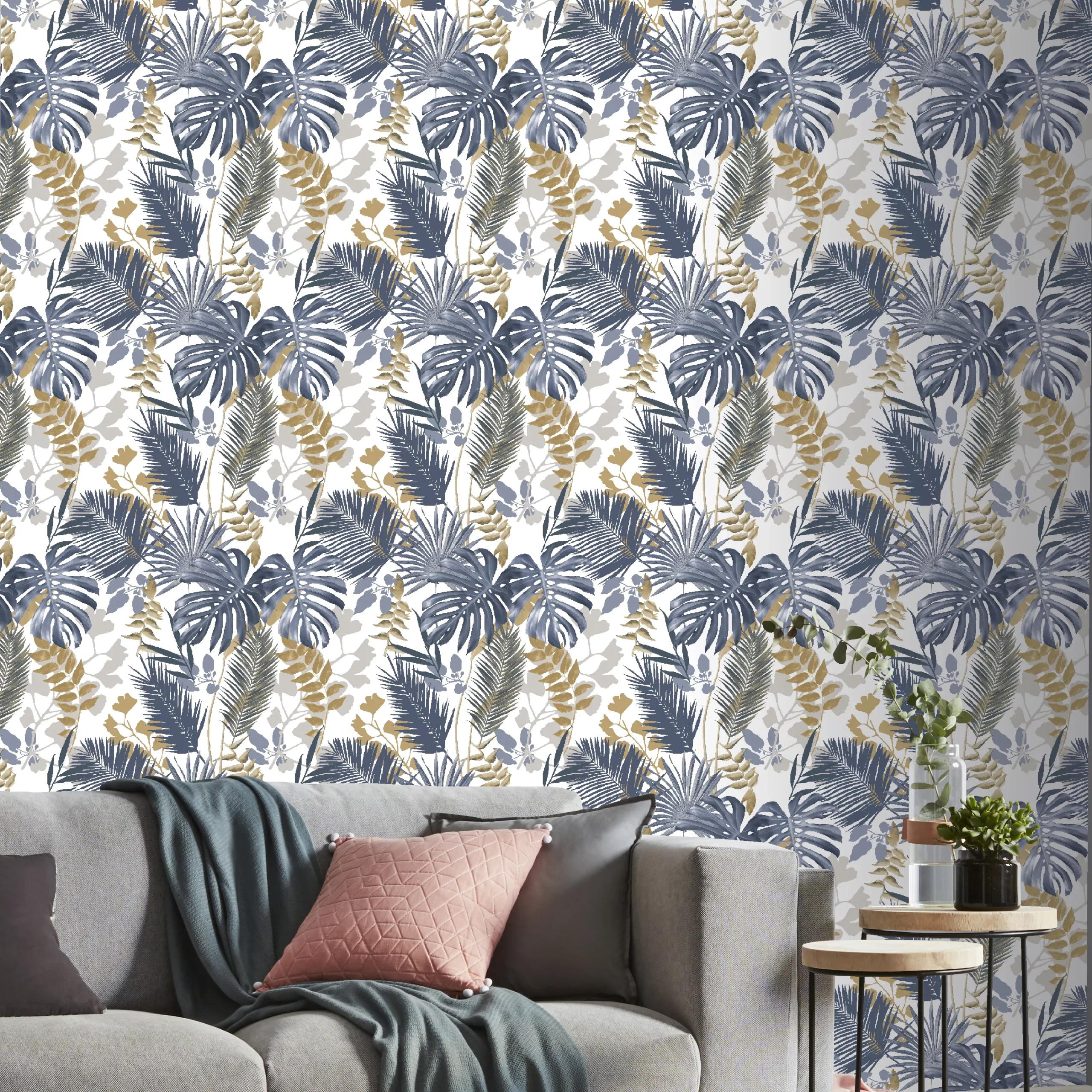 GoodHome Ferula Blue Tropical Leaves Textured Wallpaper 6 GoodHome Ferula Blue Tropical Leaves Textured Wallpaper - Image 4