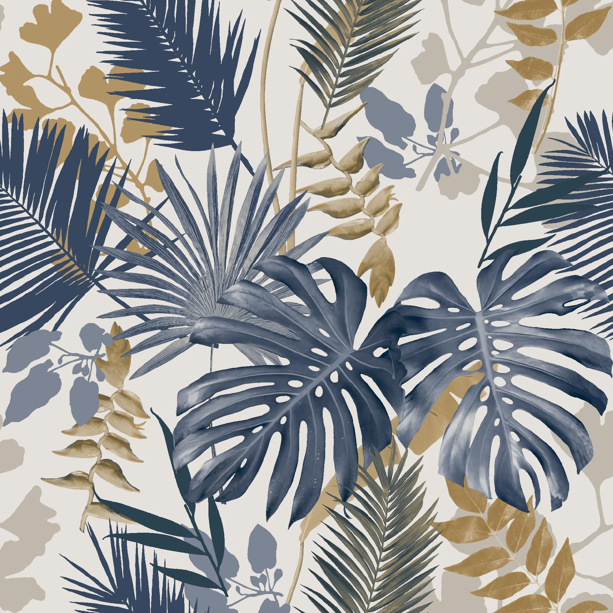 GoodHome Ferula Blue Tropical Leaves Textured Wallpaper 4 GoodHome Ferula Blue Tropical Leaves Textured Wallpaper - Image 2
