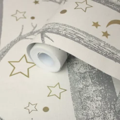 GoodHome Iolite Cream Trees Metallic Effect Smooth Wallpaper