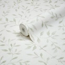 GoodHome Linton Sage Green Leaf Trail Woven Effect Textured Wallpaper