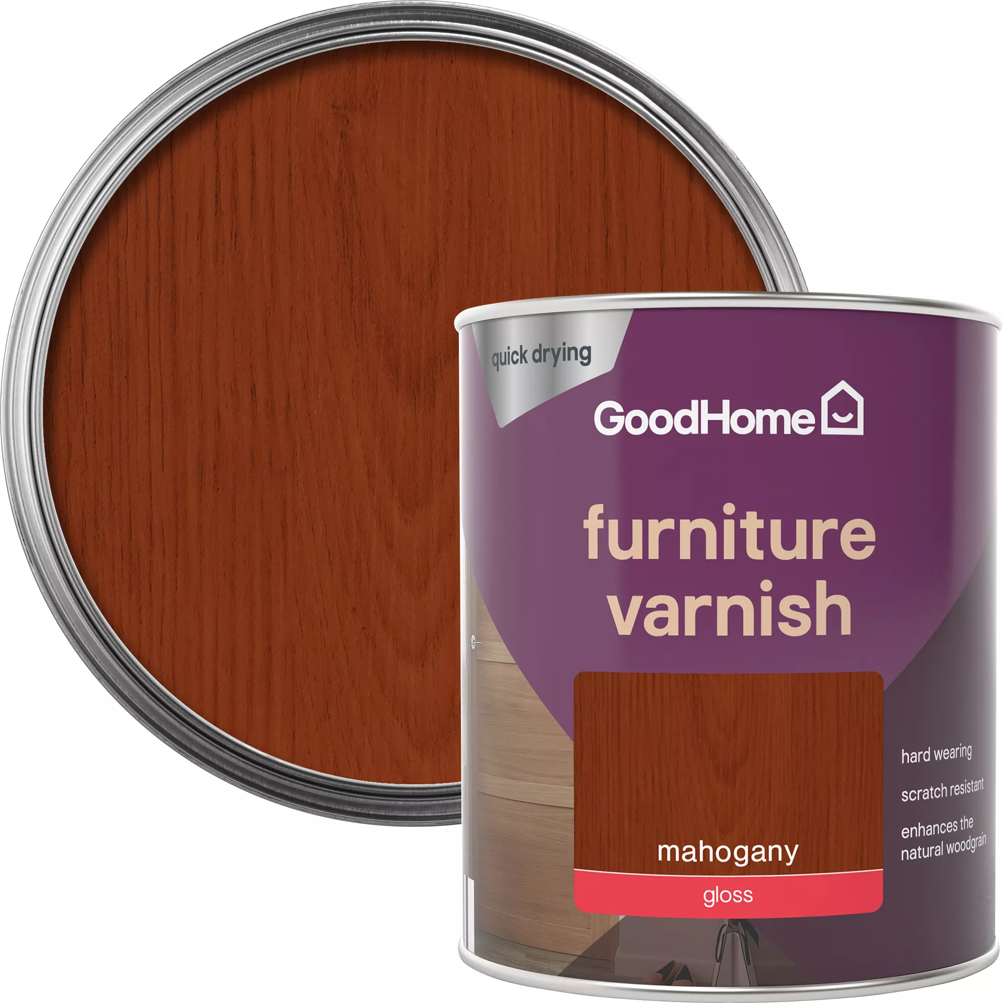 GoodHome Mahogany Gloss Multi-surface Furniture Wood Varnish, 750ml 3 GoodHome Mahogany Gloss Multi-surface Furniture Wood Varnish, 750ml