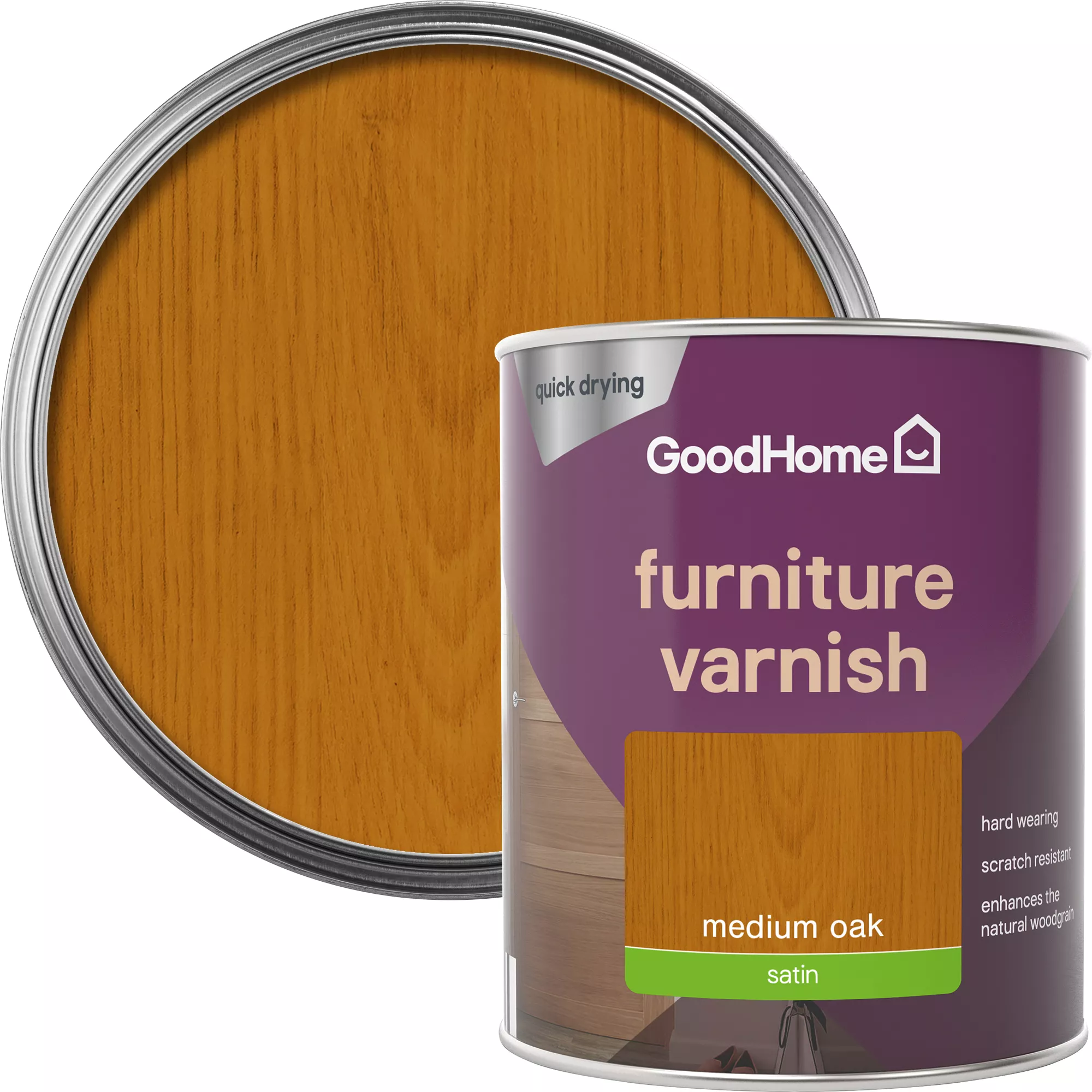GoodHome Medium Oak Satin Multi-surface Furniture Wood Varnish, 750ml 3 GoodHome Medium Oak Satin Multi-surface Furniture Wood Varnish, 750ml