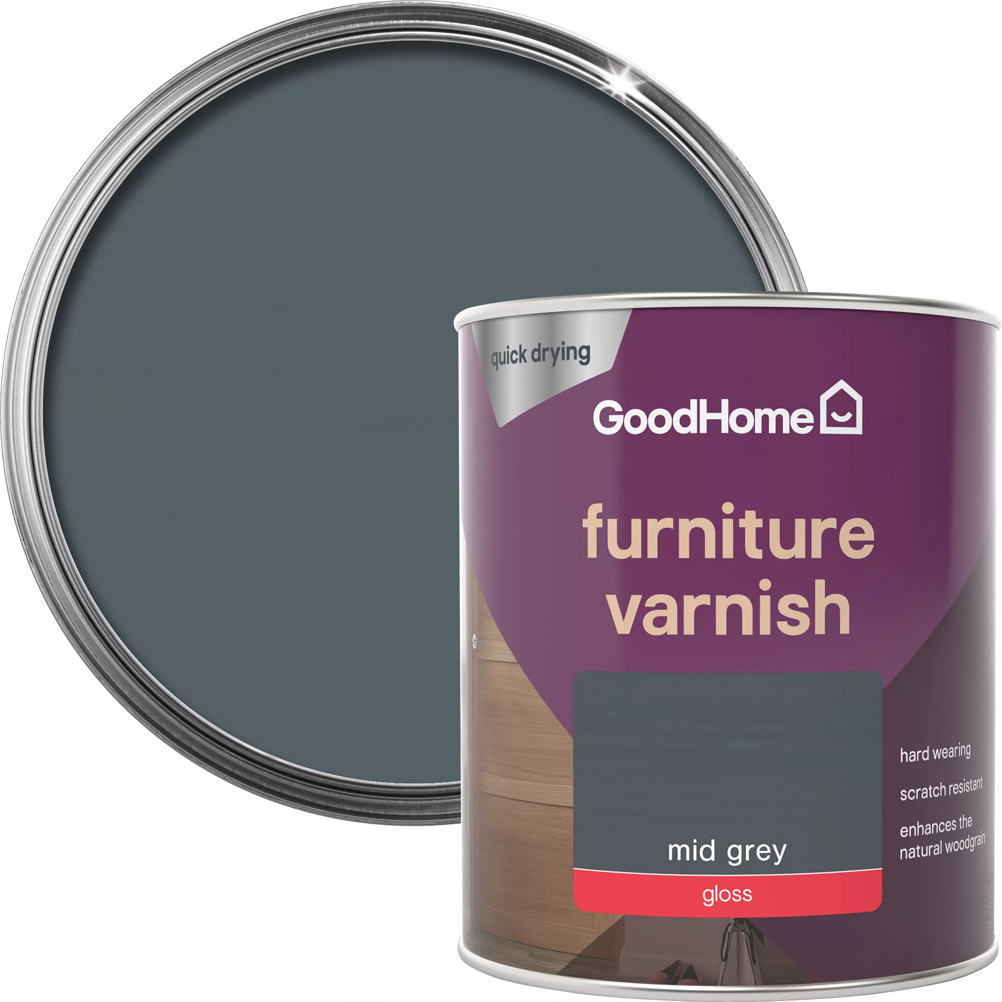 GoodHome Mid Grey Gloss Multi-surface Furniture Wood Varnish, 750ml 3 GoodHome Mid Grey Gloss Multi-surface Furniture Wood Varnish, 750ml