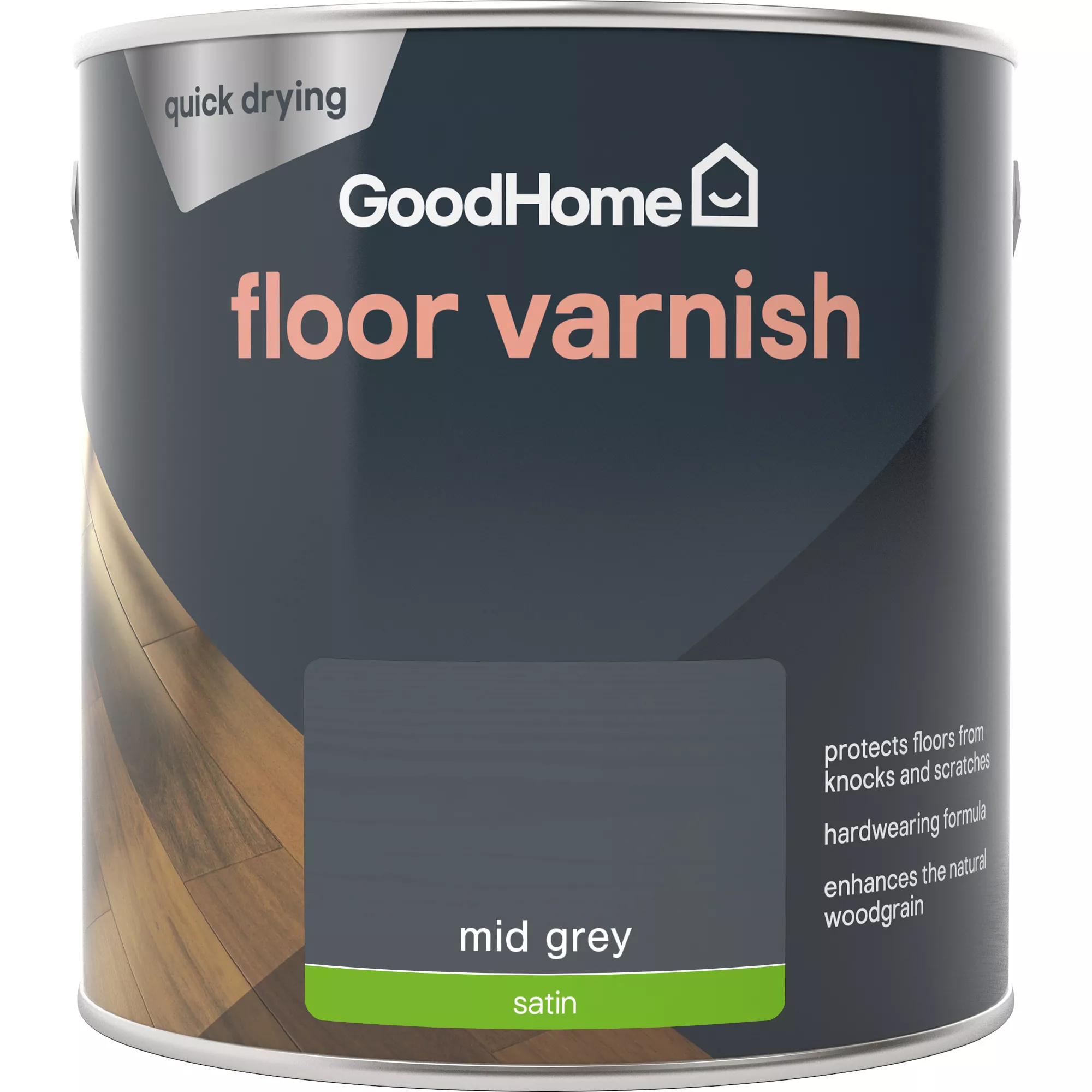 GoodHome Mid Grey Satin Floor Wood Varnish, 2.5L 4 GoodHome Mid Grey Satin Floor Wood Varnish, 2.5L - Image 2
