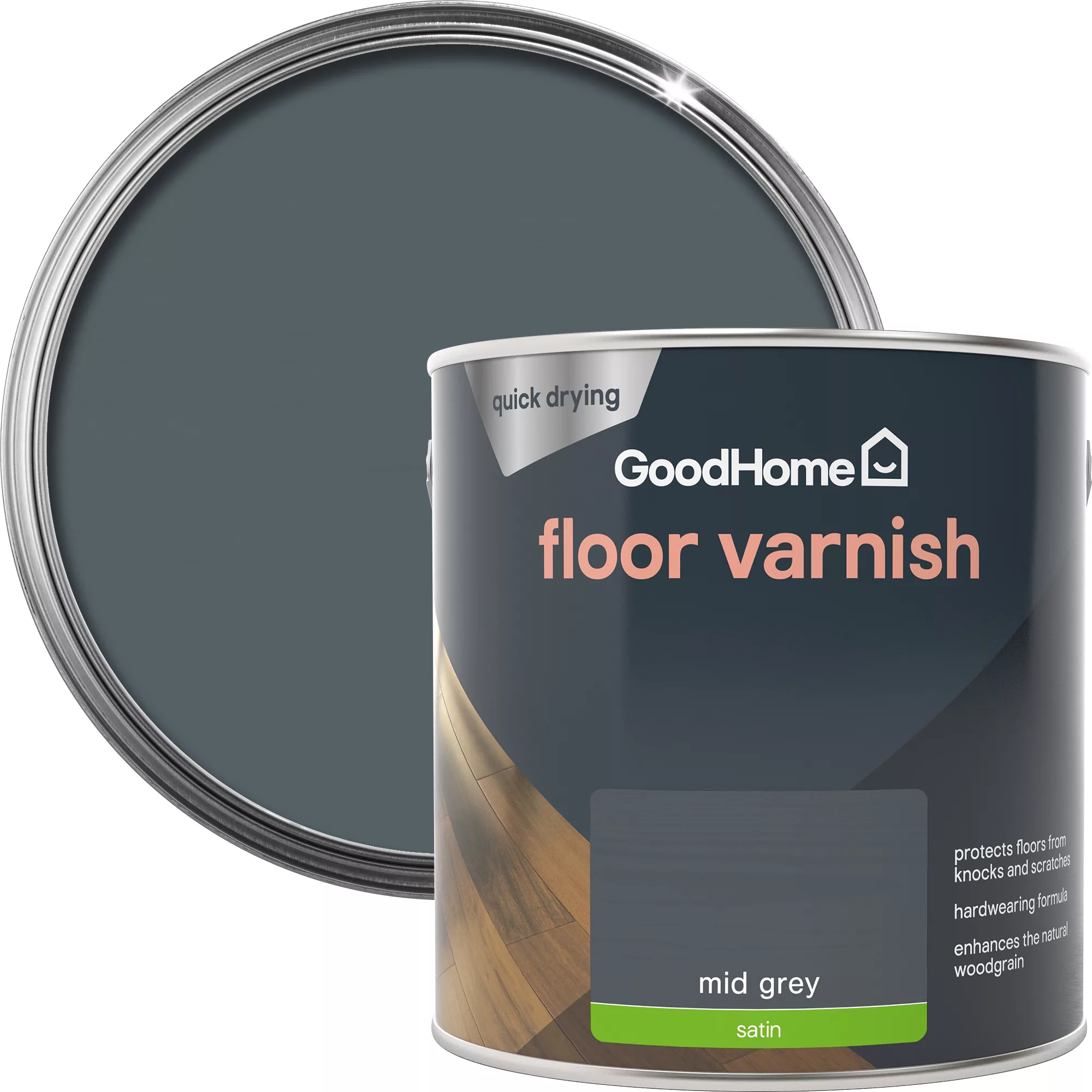 GoodHome Mid Grey Satin Floor Wood Varnish, 2.5L 3 GoodHome Mid Grey Satin Floor Wood Varnish, 2.5L