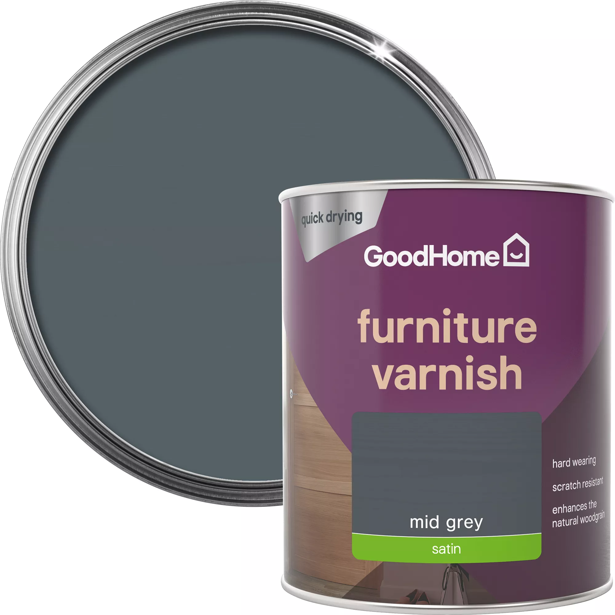GoodHome Mid Grey Satin Multi-surface Furniture Wood Varnish, 750ml 3 GoodHome Mid Grey Satin Multi-surface Furniture Wood Varnish, 750ml