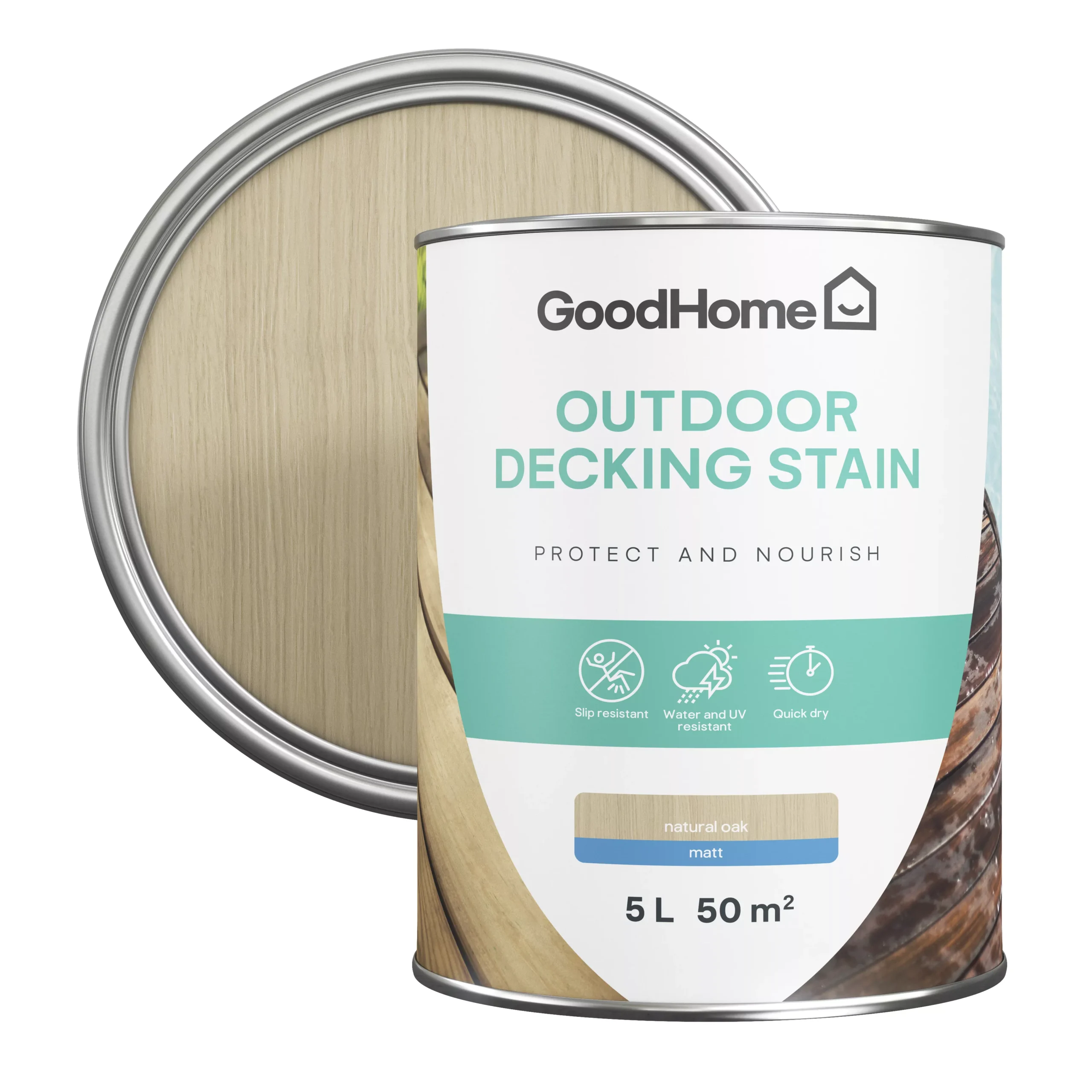 GoodHome Natural Oak Matt Quick Dry Decking Wood Stain, 5L 3 GoodHome Natural Oak Matt Quick Dry Decking Wood Stain, 5L