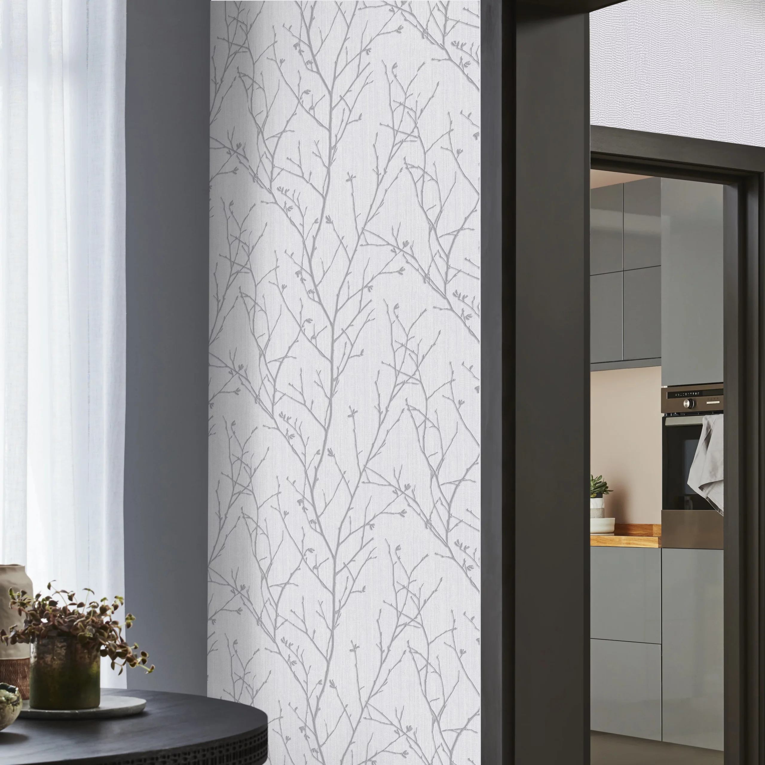 GoodHome Obetia Grey Tree Silver Effect Smooth Wallpaper 6 GoodHome Obetia Grey Tree Silver Effect Smooth Wallpaper - Image 4