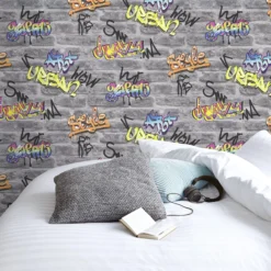 GoodHome Orobe Grey Graffiti Brick Effect Smooth Wallpaper -Trade Points goodhome orobe grey graffiti brick effect smooth wallpaper3663602560364 01i bq