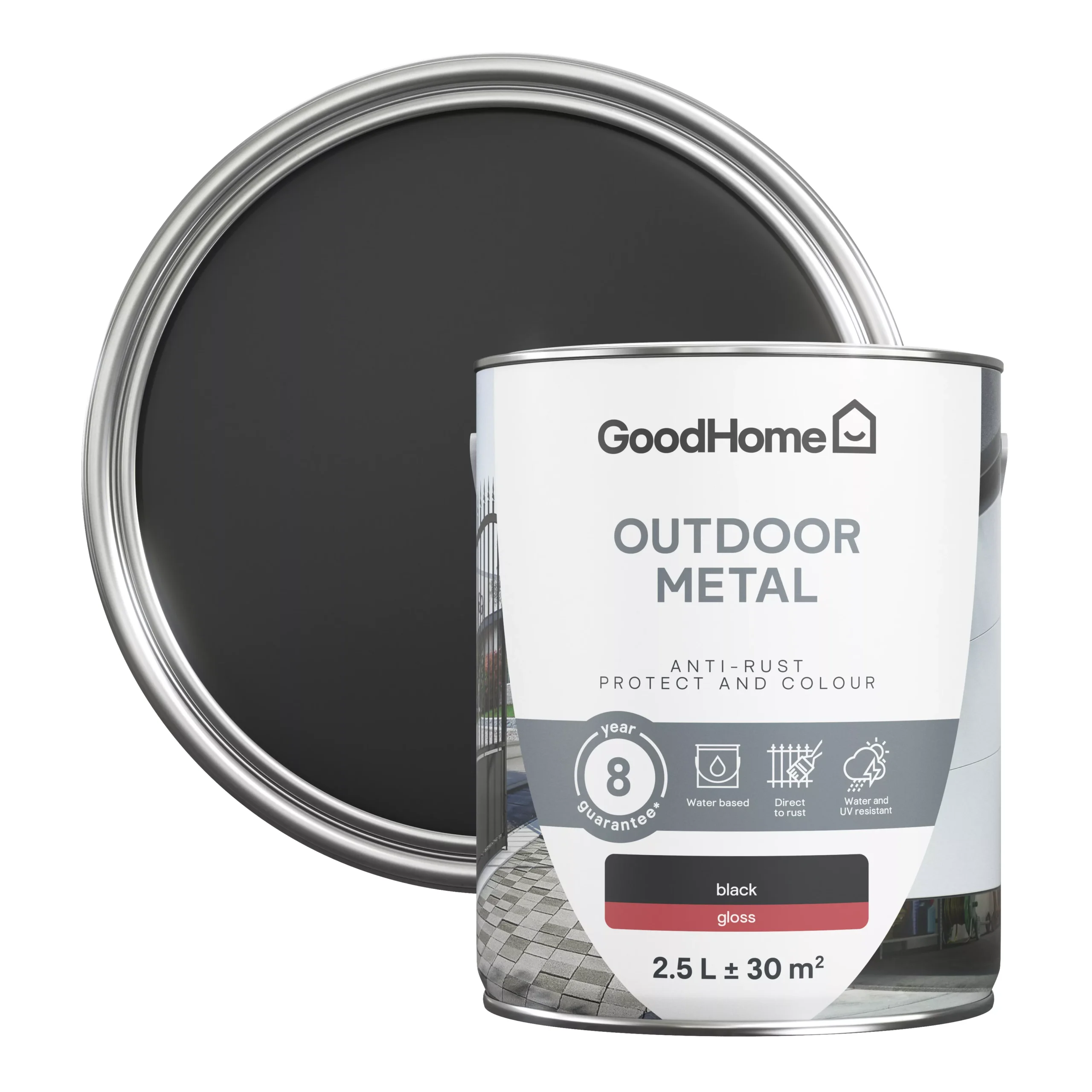 GoodHome Outdoor Black Gloss Exterior Metal Paint, 2.5L Tin 3 GoodHome Outdoor Black Gloss Exterior Metal Paint, 2.5L Tin