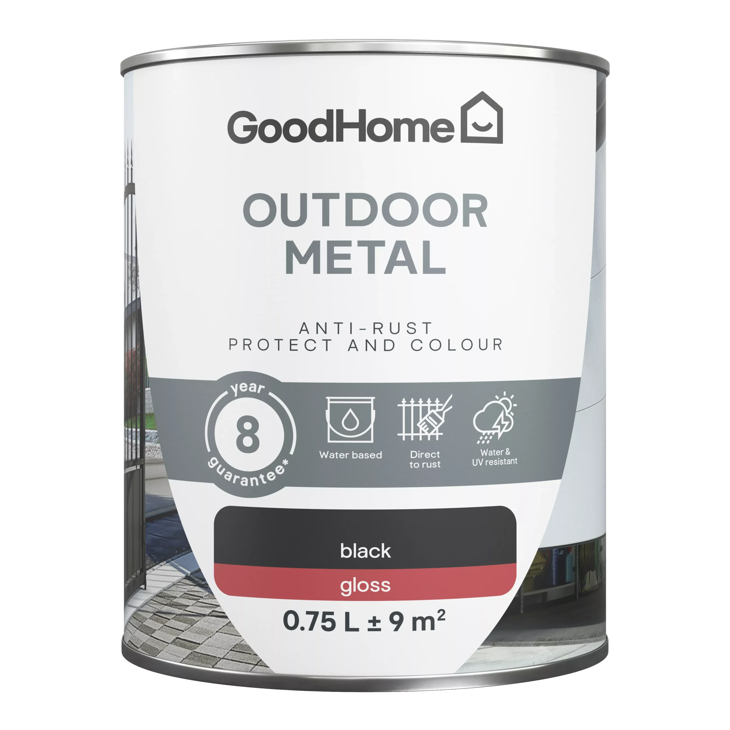 GoodHome Outdoor Black Gloss Exterior Metal Paint, 750ml Tin 4 GoodHome Outdoor Black Gloss Exterior Metal Paint, 750ml Tin - Image 2
