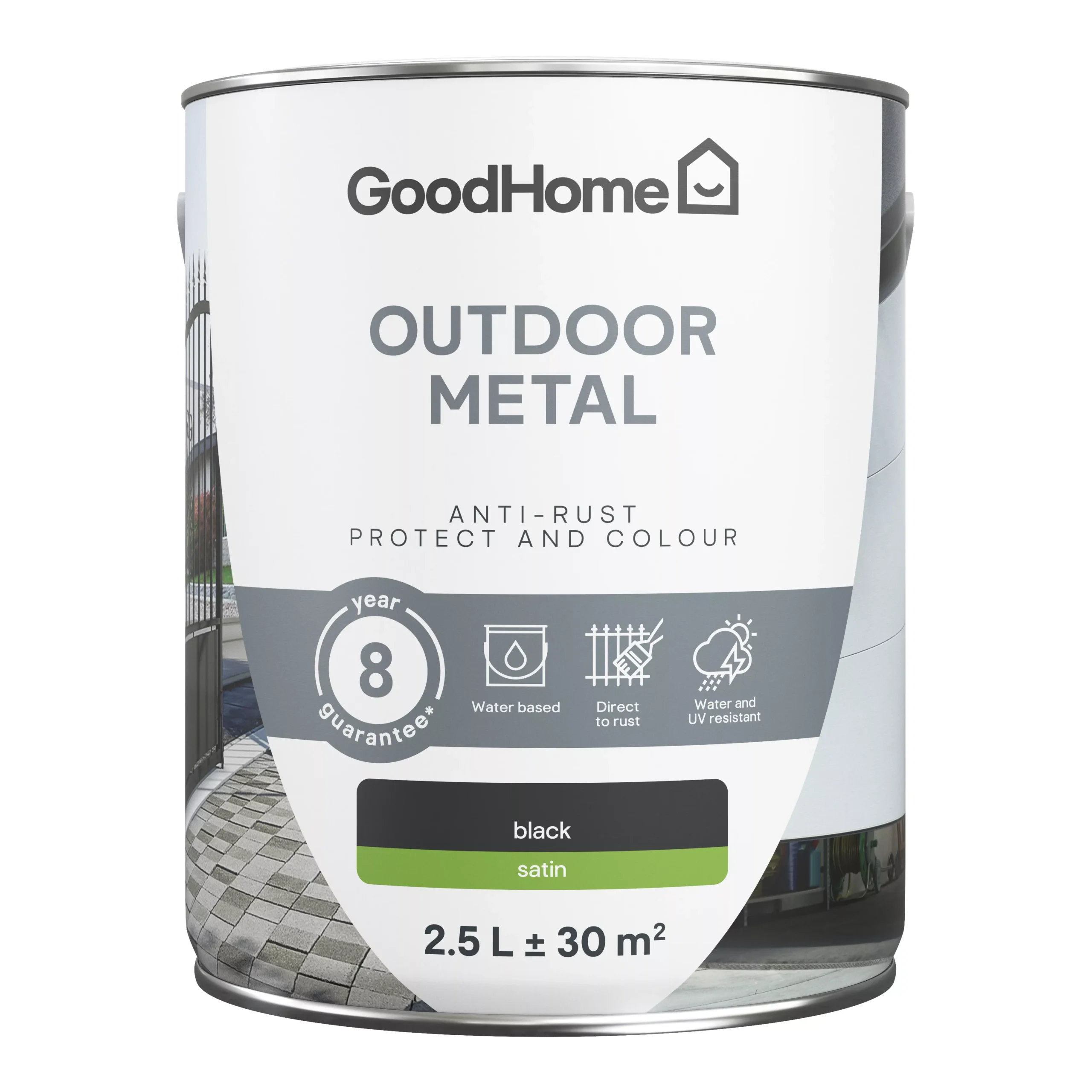 GoodHome Outdoor Black Satinwood Exterior Metal Paint, 2.5L Tin 4 GoodHome Outdoor Black Satinwood Exterior Metal Paint, 2.5L Tin - Image 2