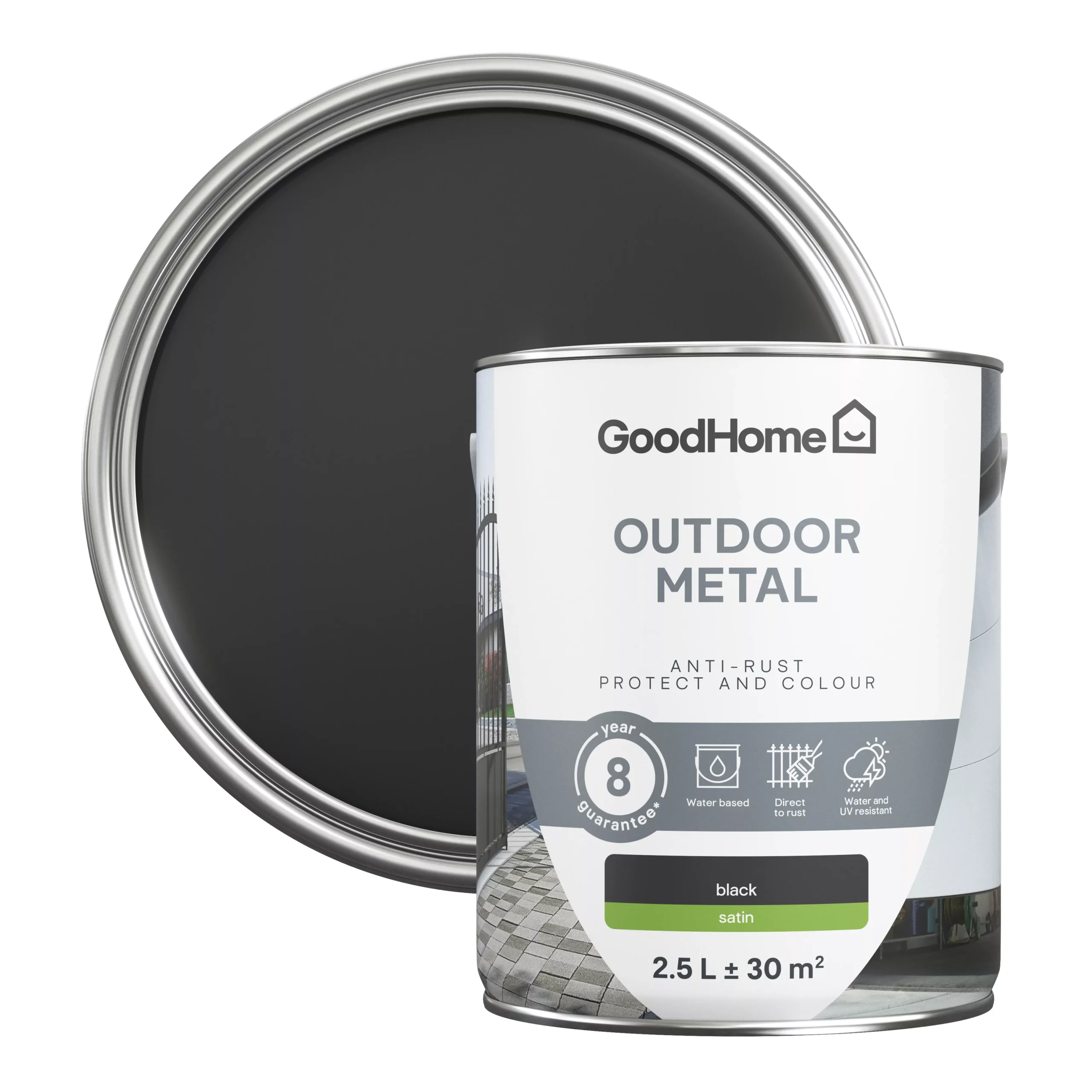 GoodHome Outdoor Black Satinwood Exterior Metal Paint, 2.5L Tin 3 GoodHome Outdoor Black Satinwood Exterior Metal Paint, 2.5L Tin