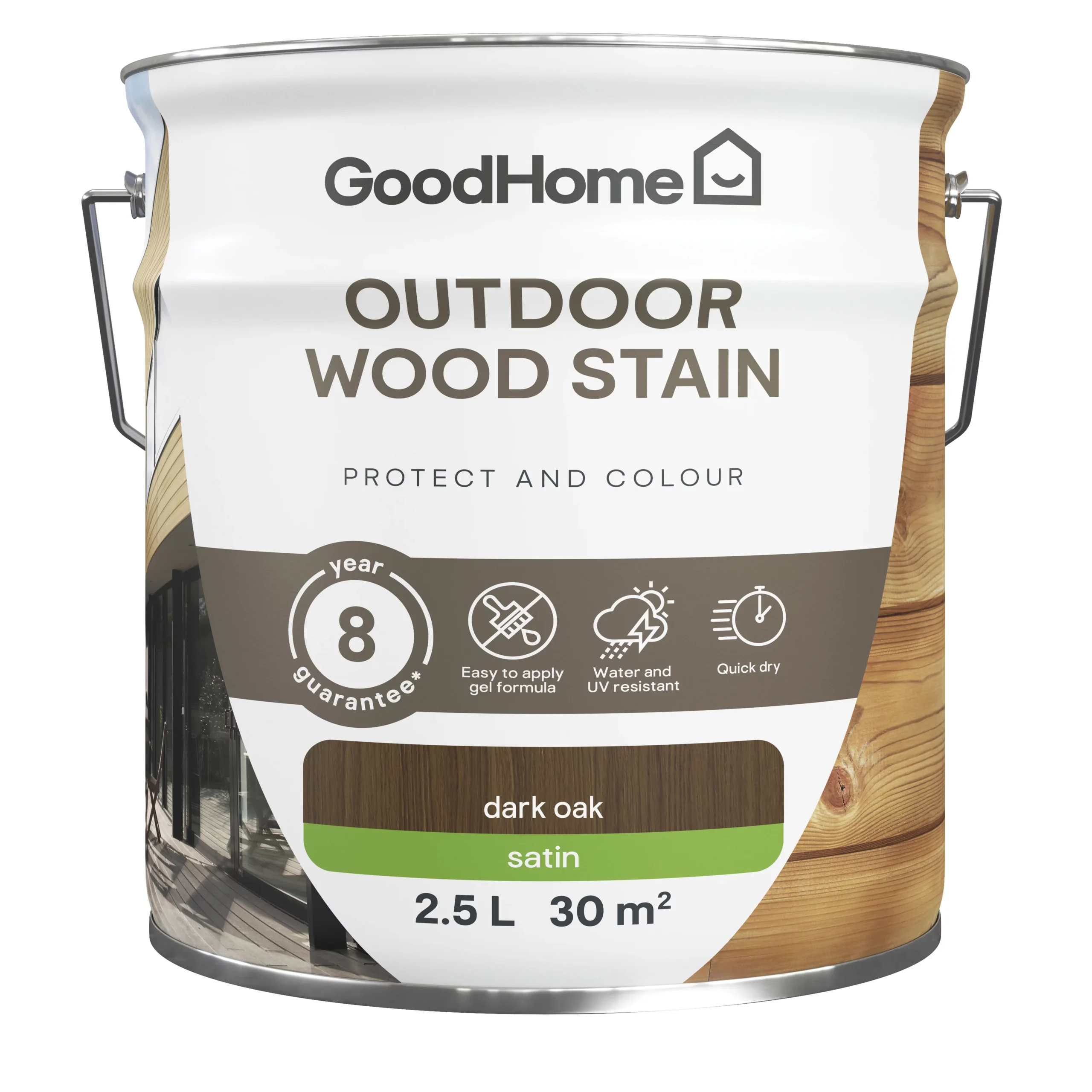 GoodHome Outdoor Dark Oak Satin Quick Dry Wood Stain, 2.5L 4 GoodHome Outdoor Dark Oak Satin Quick Dry Wood Stain, 2.5L - Image 2