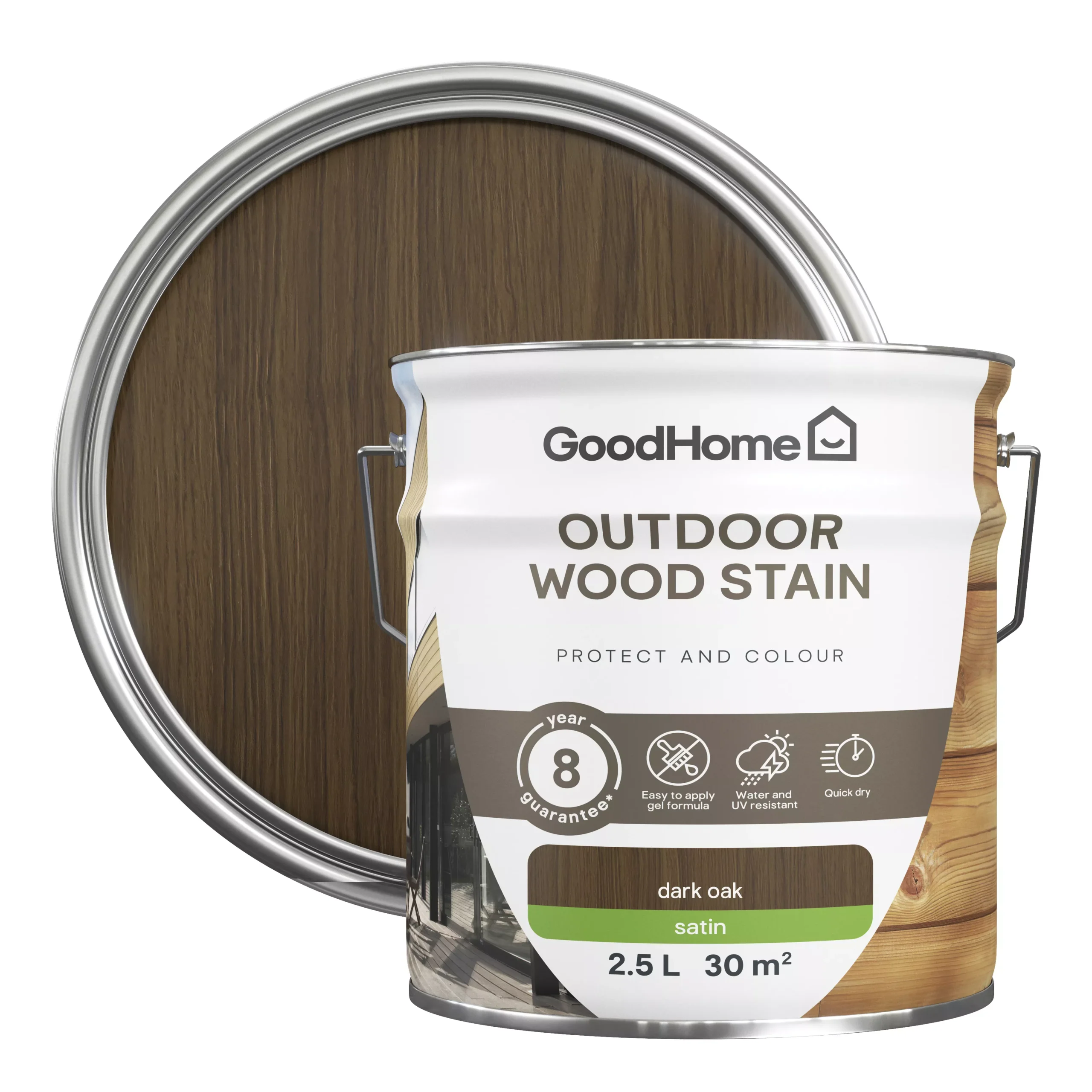GoodHome Outdoor Dark Oak Satin Quick Dry Wood Stain, 2.5L 3 GoodHome Outdoor Dark Oak Satin Quick Dry Wood Stain, 2.5L