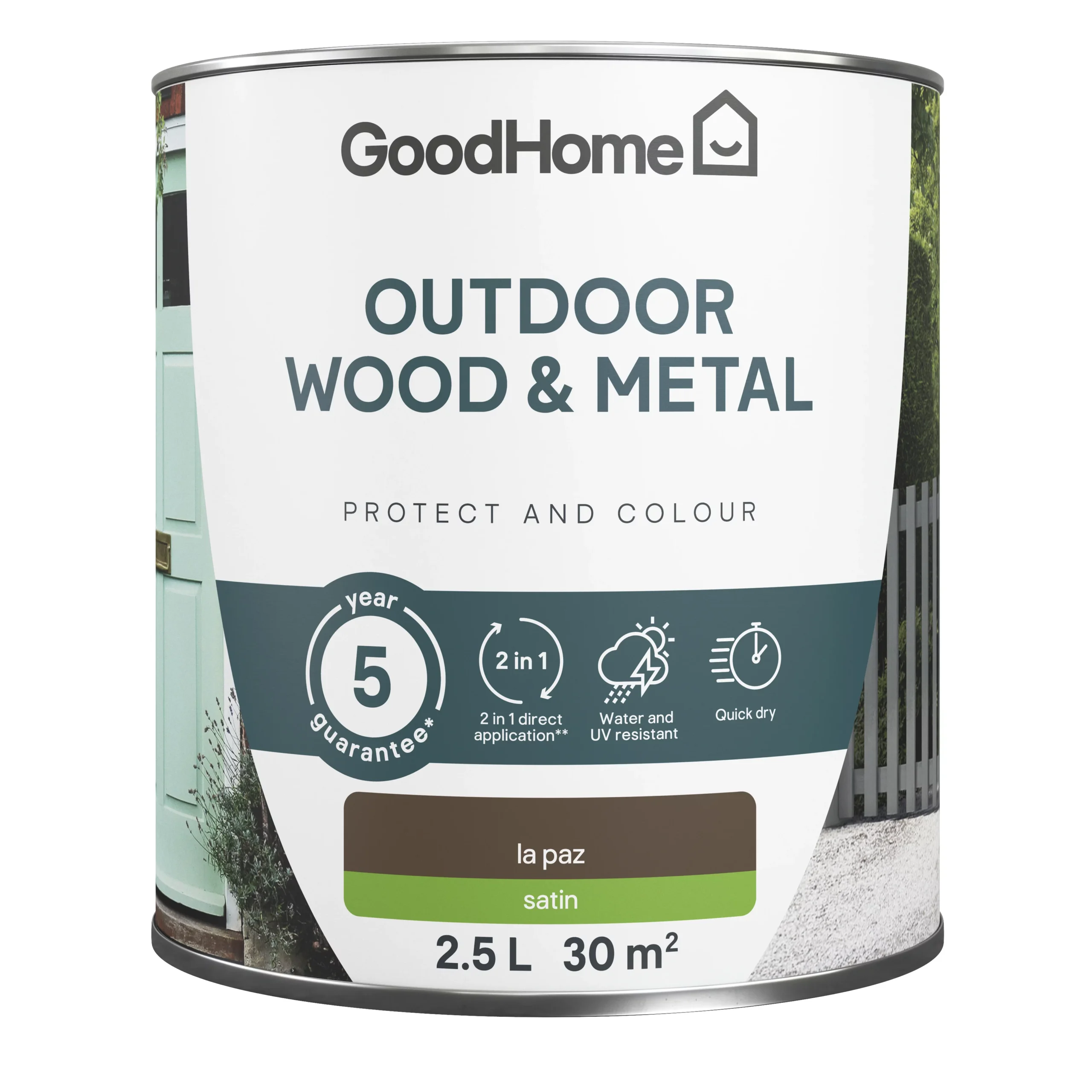 GoodHome Outdoor La Paz Satinwood Multi-surface Paint, 2.5L 4 GoodHome Outdoor La Paz Satinwood Multi-surface Paint, 2.5L - Image 2