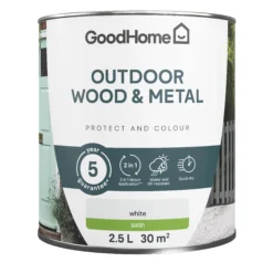 GoodHome Outdoor White Satinwood Multi-surface Paint, 2.5L -Trade Points goodhome outdoor white satinwood multi surface paint 2 5l5059340297002 02c