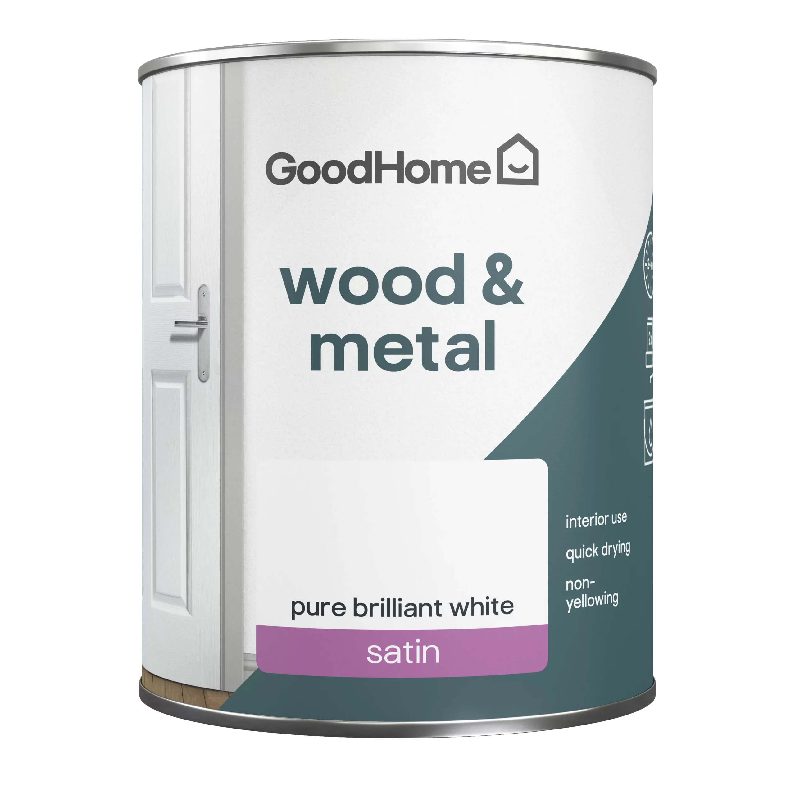 GoodHome Pure Brilliant White Satinwood Metal & Wood Paint, 750ml 4 GoodHome Pure Brilliant White Satinwood Metal & Wood Paint, 750ml - Image 2