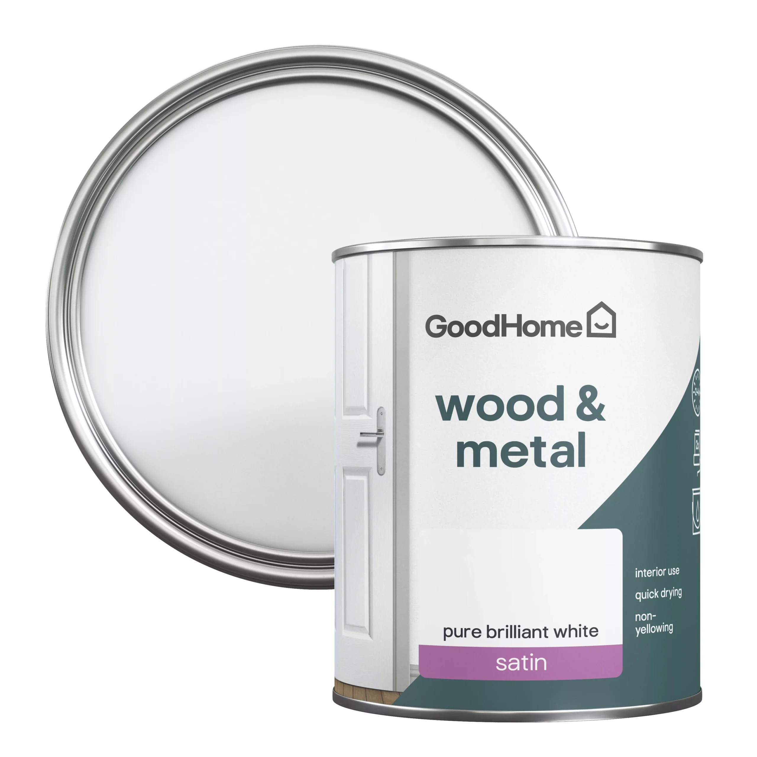 GoodHome Pure Brilliant White Satinwood Metal & Wood Paint, 750ml 3 GoodHome Pure Brilliant White Satinwood Metal & Wood Paint, 750ml
