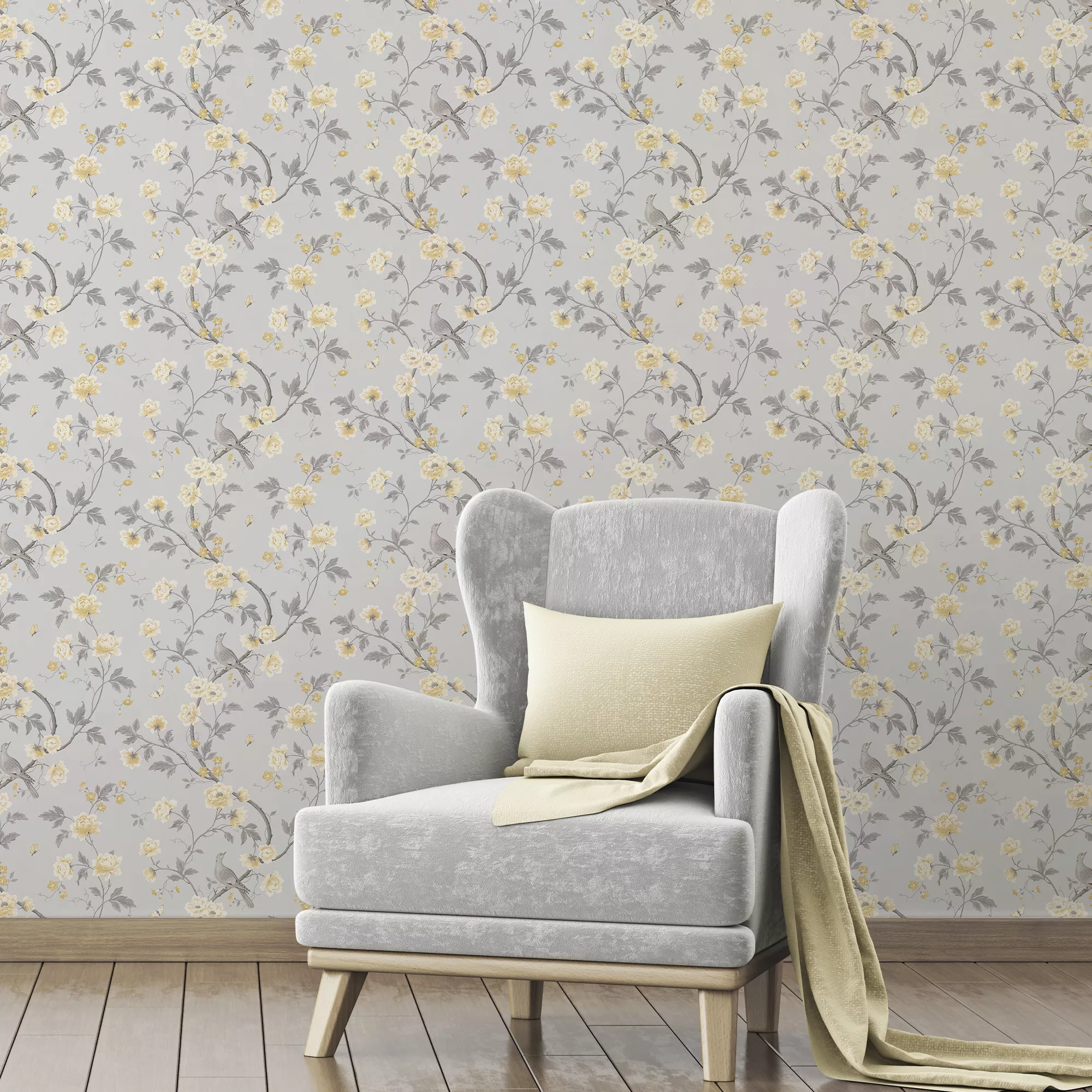 GoodHome Sandridge Grey & Yellow Floral Metallic Effect Smooth Wallpaper 6 GoodHome Sandridge Grey & Yellow Floral Metallic Effect Smooth Wallpaper - Image 4