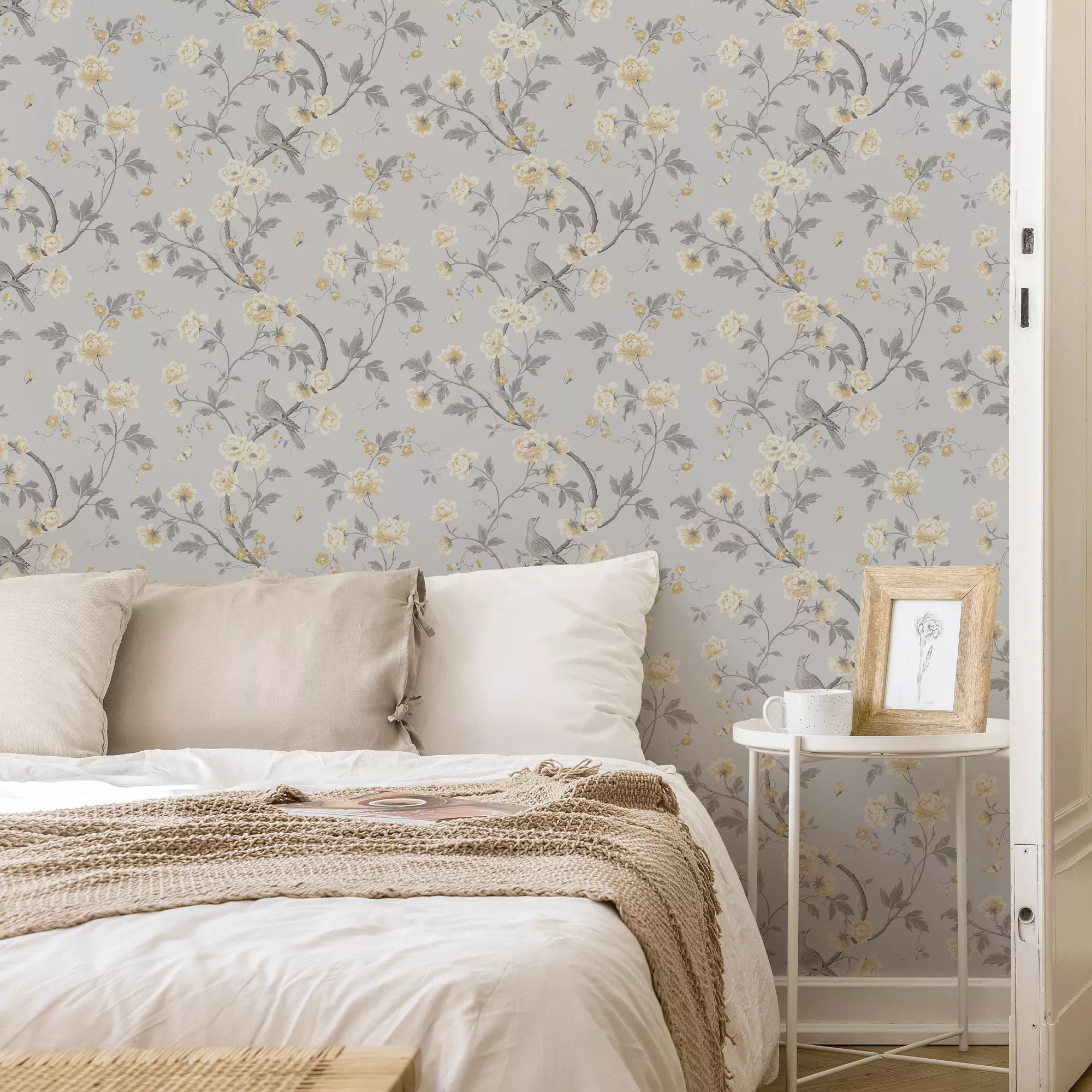 GoodHome Sandridge Grey & Yellow Floral Metallic Effect Smooth Wallpaper 7 GoodHome Sandridge Grey & Yellow Floral Metallic Effect Smooth Wallpaper - Image 5