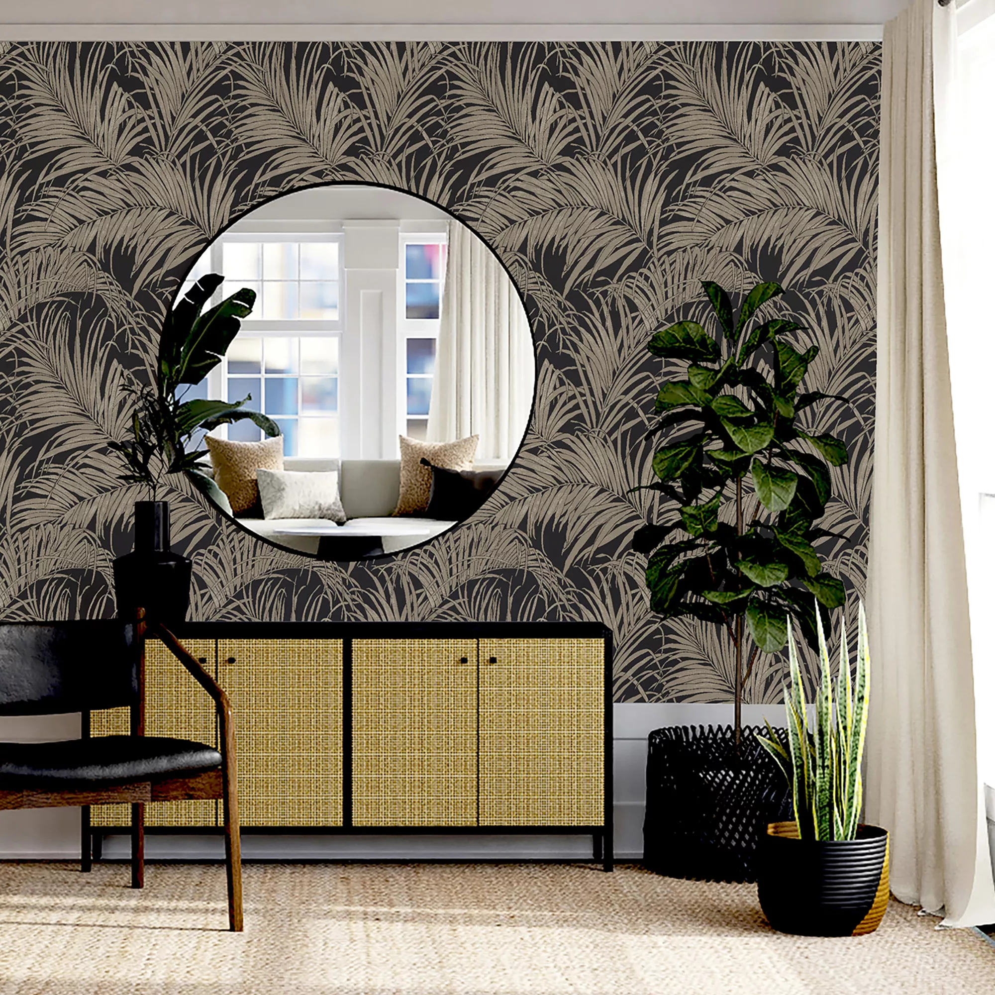 GoodHome Sardon Black & White Metallic Effect Palm Leaves Textured Wallpaper 4 GoodHome Sardon Black & White Metallic Effect Palm Leaves Textured Wallpaper - Image 2