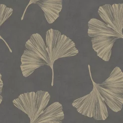 GoodHome Selen Grey Gingko Leaves Metallic Effect Textured Wallpaper