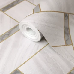 GoodHome Spinel Grey & White Chevron Tile Effect Textured Wallpaper