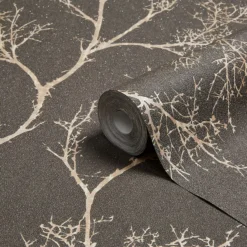 GoodHome Sudeley Brown Icy Tree Metallic Effect Textured Wallpaper