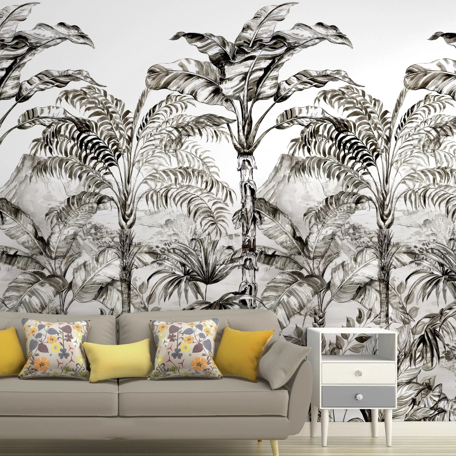 GoodHome Turman Black & White Tropical Matt Mural 3 GoodHome Turman Black & White Tropical Matt Mural
