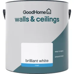 GoodHome Walls & Ceilings Brilliant White Vinyl Matt Emulsion Paint, 2.5L -Trade Points goodhome walls ceilings brilliant white vinyl matt emulsion paint 2 5l5059340231983 02c