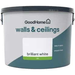 GoodHome Walls & Ceilings Brilliant White Vinyl Silk Emulsion Paint, 10L -Trade Points goodhome walls ceilings brilliant white vinyl silk emulsion paint 10l5059340232034 02c