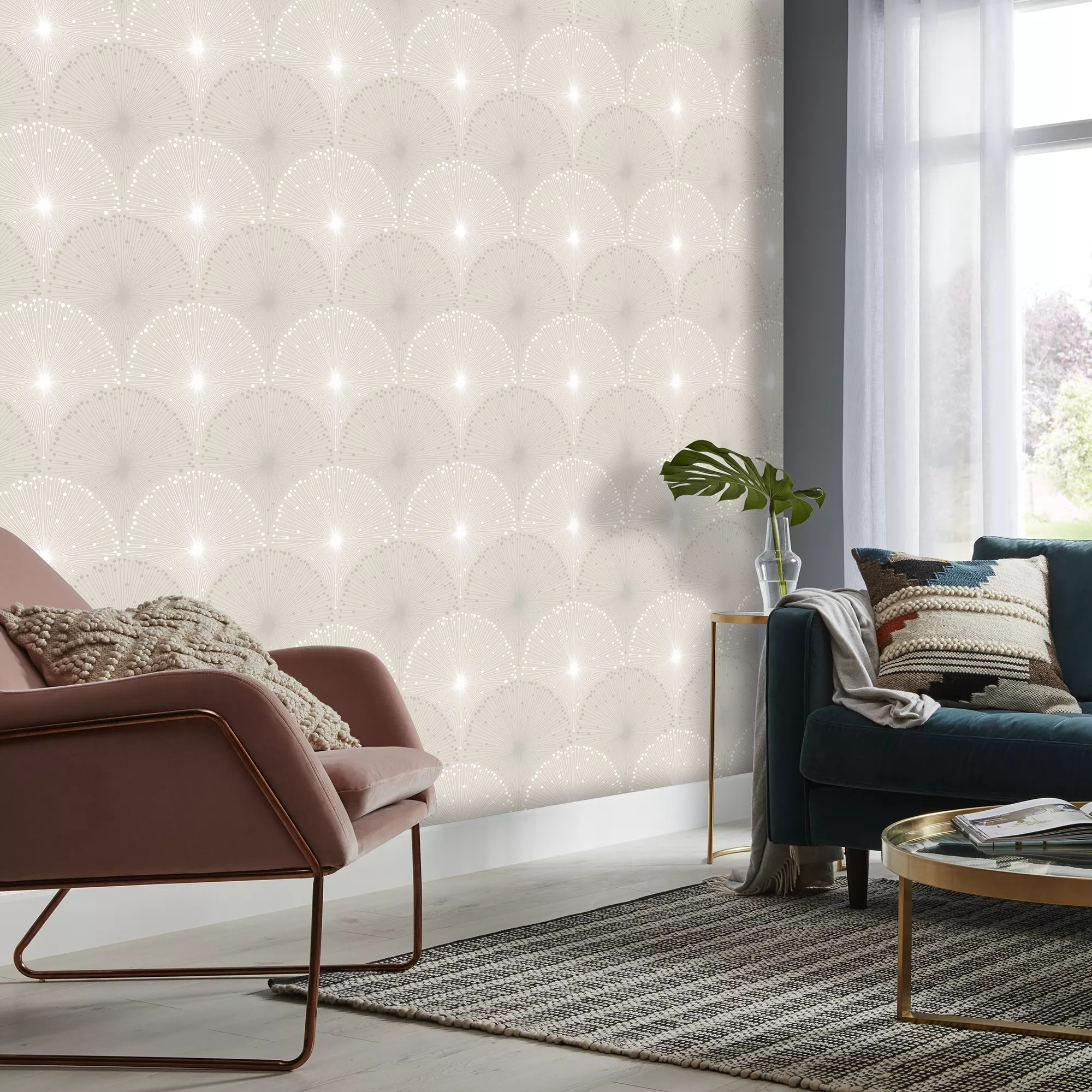 GoodHome Zamia Beige Art Deco Silver Effect Textured Wallpaper 6 GoodHome Zamia Beige Art Deco Silver Effect Textured Wallpaper - Image 4